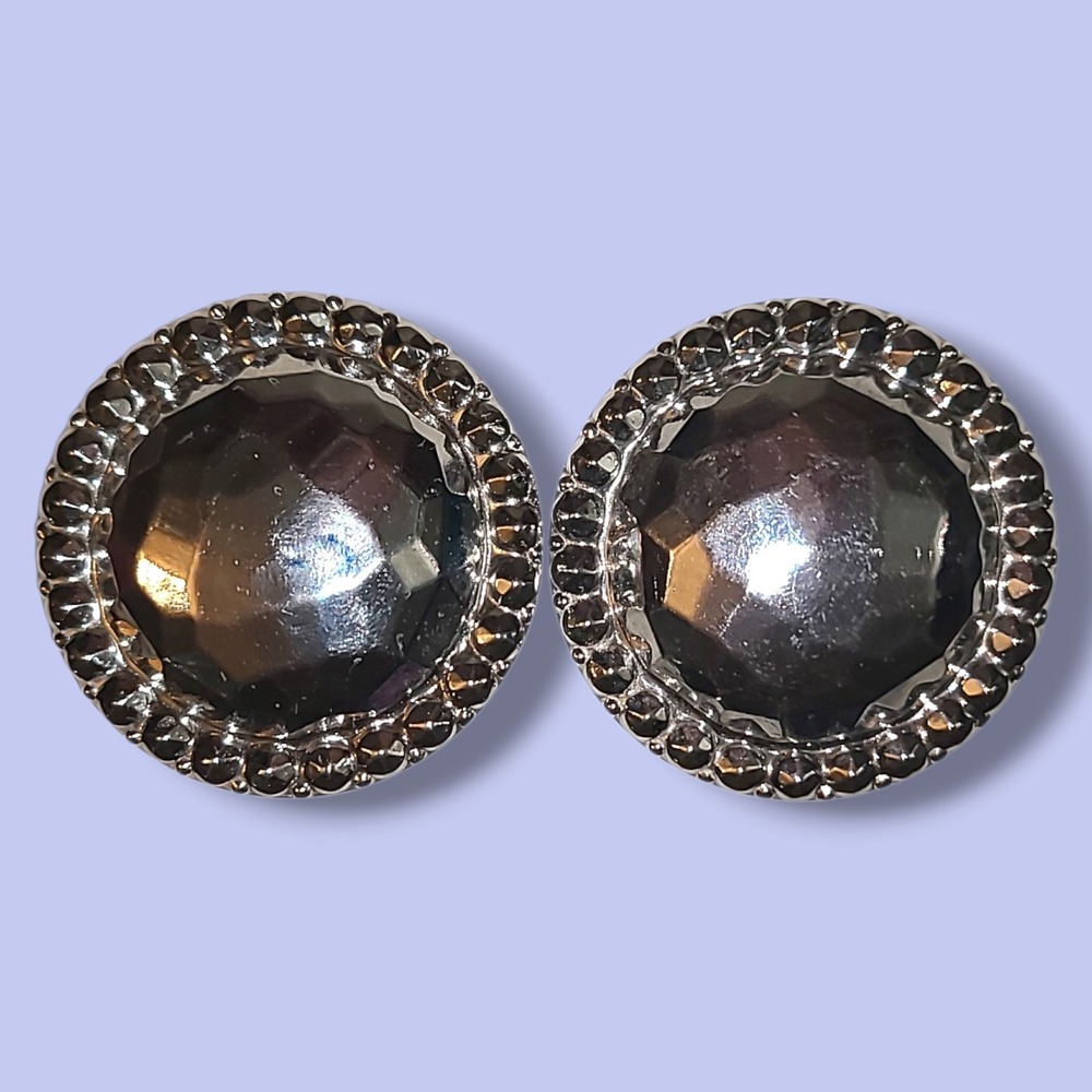 Vintage 80s Large Silver Tone Hammered Disc Clip Earrings Studded Edge 2" Bold
